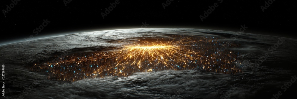 Poster a glowing earth hologram map displaying data networks, global communication, and ai technology, offe