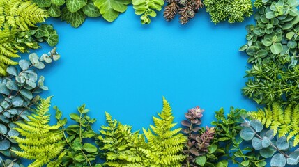 Green foliage frame on blue background; nature, spring, summer, design, template