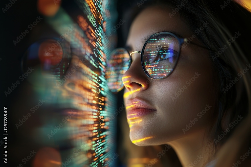 Poster software, coding hologram, and a woman on a tablet contemplating data analytics, digital technology,