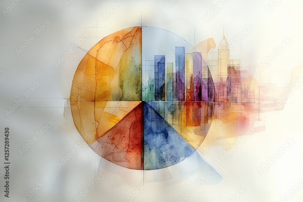 Poster a vibrant watercolor illustration with a circular design divided into colorful segments that incorpo