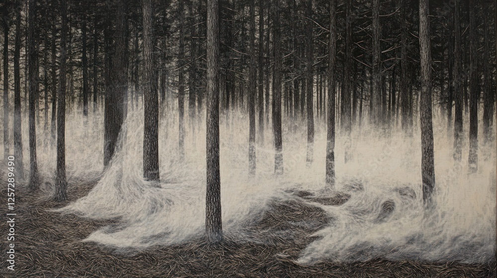 Poster an ethereal fog shrouds the dense and dark forest floor