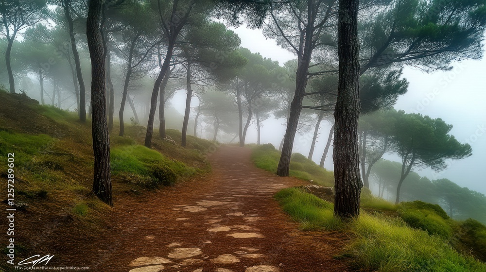 Poster a foggy path winds through a serene forest of trees