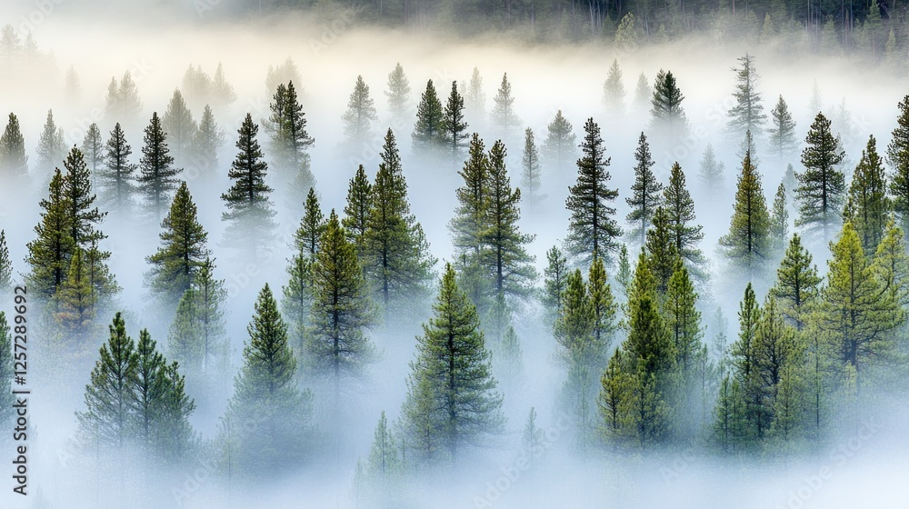 Poster mist hangs low above a forest of evergreen trees