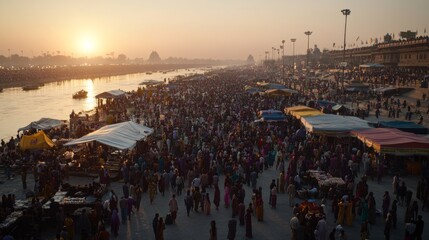 Devotees fill the banks of the Ganges and Yamuna, celebrating the Maha Kumbh Mela with colorful tents, rituals, and offerings in a lively and spiritual atmosphere