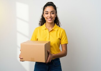Smiling woman holding cardboard box in casual yellow shirt