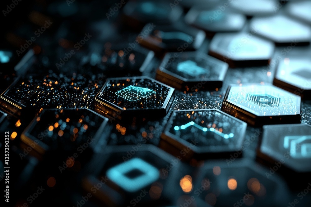 Poster business analytics and data science concepts illustrated with graph and chart icons on a 3d hexagona