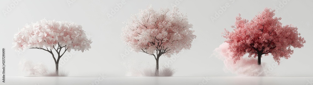 Poster a set of chinese redbud trees, 3d rendering with a transparent background, for digital composition, 