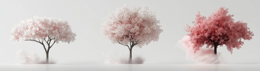 A set of Chinese redbud trees, 3D rendering with a transparent background, for digital composition, illustration & architecture visualization
