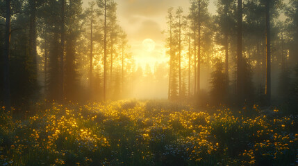 Obraz premium 3D Illustration - Golden Hour Forest Wildflowers Sunset Moonlit Meadow