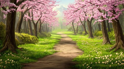 Fototapeta premium Spring path, cherry blossom forest, mountain view, peaceful scene, nature wallpaper