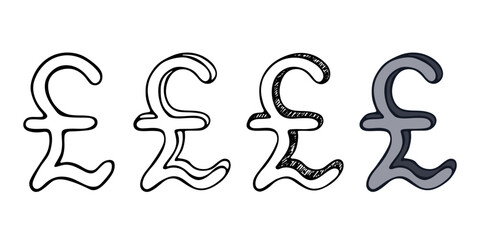 Hand drawn british pound currency symbol set Brush stroke doodle Single element for design