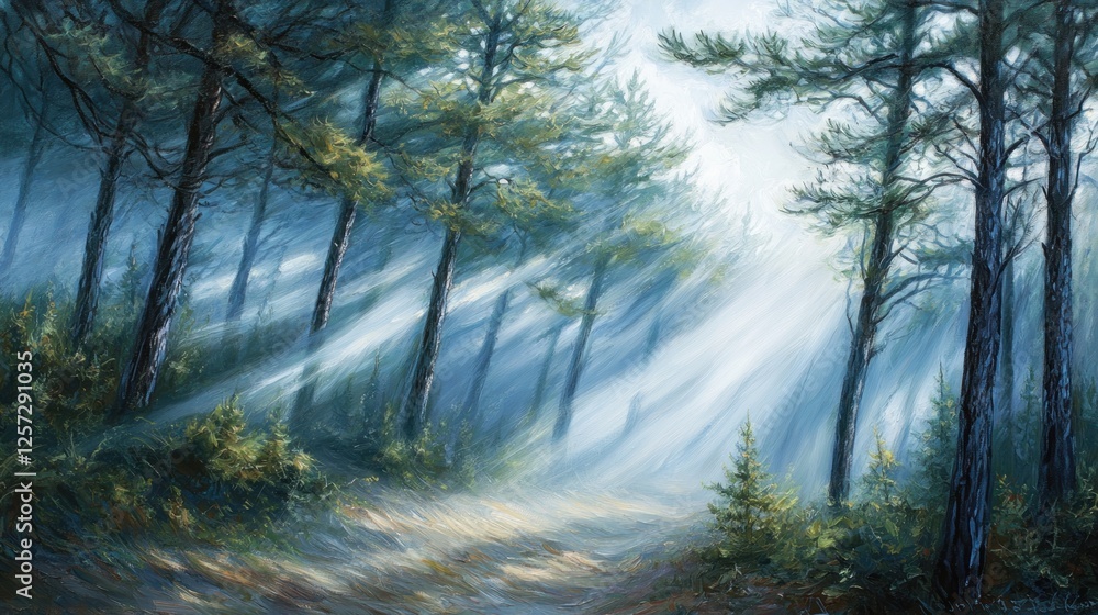 Poster sunlight streams through a misty forest with tall pine trees