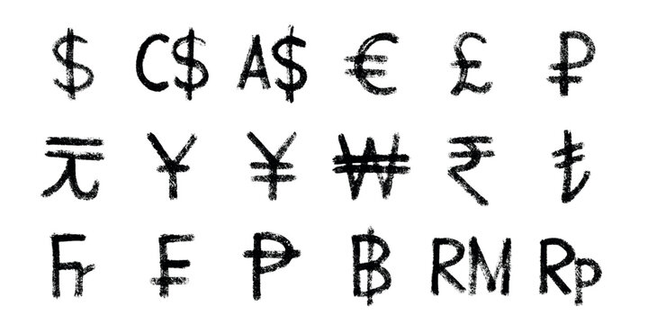 Hand drawn currency symbol set Dollar euro pound ruble yuan yen won rupee lira franc peseta baht ringgit rupiah