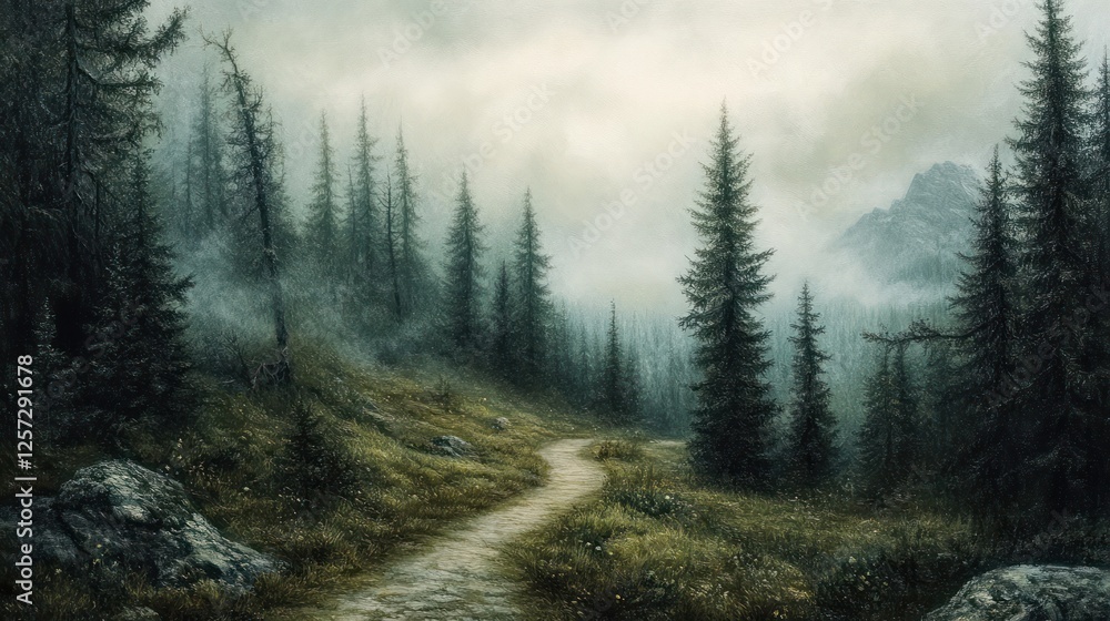 Poster a winding path leads through a dense and misty forest