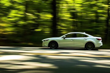 Fototapeta premium White car moving fast on country road, blurred trees