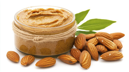 Almond butter in jar with almonds and green leaves, showcasing healthy spread