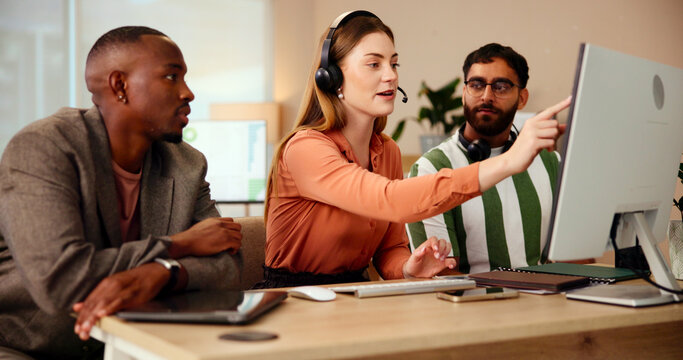 Computer, manager or people in customer service training, telecom or online support coaching. Leadership, lead generation or virtual assistant pointing for inbound sales, call center help or question