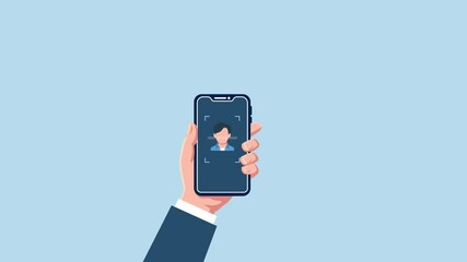 Animation Face Recognition in Action,Businessman Hand Holding Phone Mockup Demonstrating Seamless Face ID Scanning To Unlock and Advanced Security