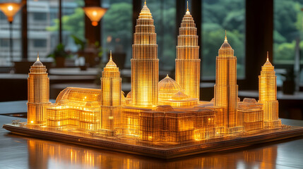 Naklejka premium 3D Illustration Glowing Cityscape Architecture Model, Urban Design, Modern Buildings, Illuminated Structures, Night Scene