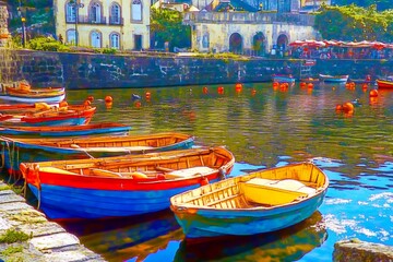 Obraz premium Rowboats in a calm harbor near a picturesque European town, featuring vibrant colors and serene reflections in the water.