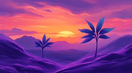 Obraz premium Sunset Silhouette: Purple Mountains and Tropical Plants