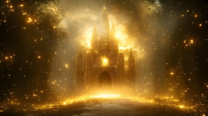 Illustration - Golden Castle in Enchanted Forest at Night