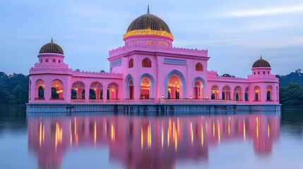 Obraz premium Photo - Pink Mosque Reflection, Dusk, Architecture, Water, Building, Serene, Peaceful, Tranquil, Scenic, Beautiful