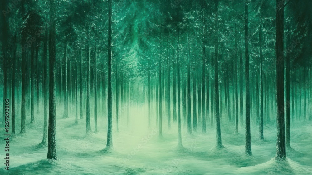 Poster foggy forest scene shows many trees receding into distance