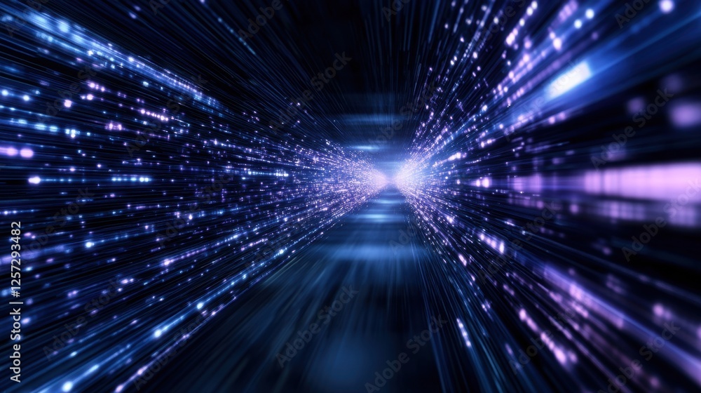 Poster a vibrant, abstract image depicting light trails in a tunnel, creating a sense of depth and motion i