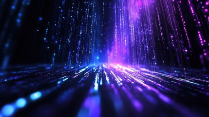 A vibrant display of cascading light beams in blue and purple hues, creating an immersive, digital atmosphere reminiscent of a futuristic landscape.