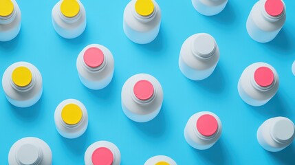 Colorful Bottle Caps on White Containers Against Bright Blue Background