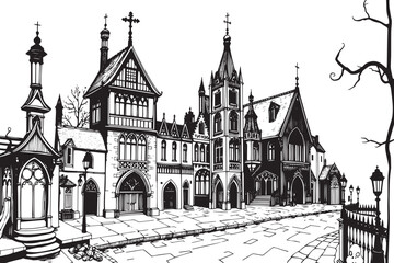 Obraz premium Gothic City landscape. Line urban backdrop. Different buildings on street, outline cityscape hand sketch, flat houses. Hand drawn vector illustration