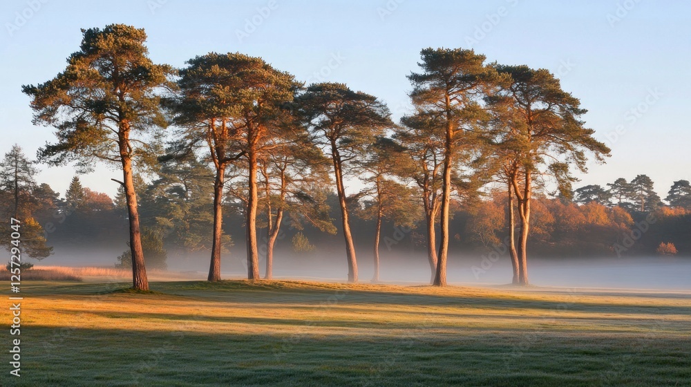 Poster a cluster of tall trees stand on a misty landscape