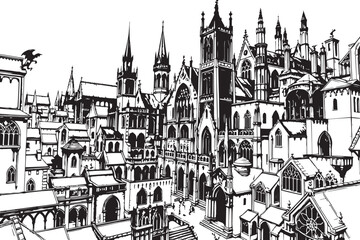 Gothic City landscape. Line urban backdrop. Different buildings on street, outline cityscape hand sketch, flat houses. Hand drawn vector illustration