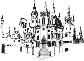 Fototapeta premium Gothic City landscape. Line urban backdrop. Different buildings on street, outline cityscape hand sketch, flat houses. Hand drawn vector illustration