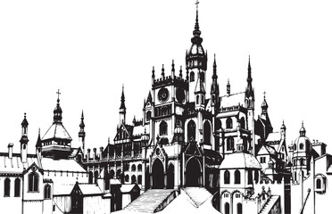Naklejka premium Gothic City landscape. Line urban backdrop. Different buildings on street, outline cityscape hand sketch, flat houses. Hand drawn vector illustration