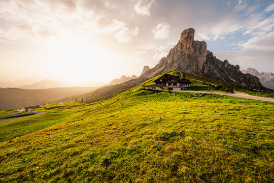 Ra Gusela Peak of Nuvolau group in the Italian Dolomites mountain at Giau Pass in South Tyrol Italy.