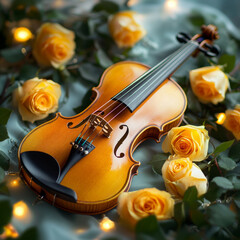 Fototapeta premium Elegant violin surrounded by roses artistic still life indoor setting warm lighting romantic concept
