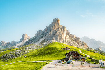 Ra Gusela Peak of Nuvolau group in the Italian Dolomites mountain at Giau Pass in South Tyrol Italy.