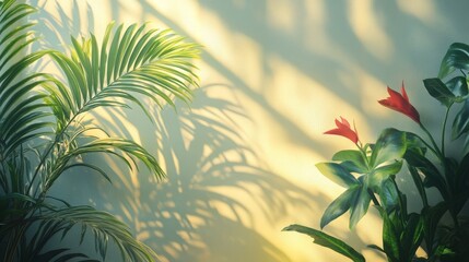 Indoor plants with shadows are illuminated by sunlight warmly