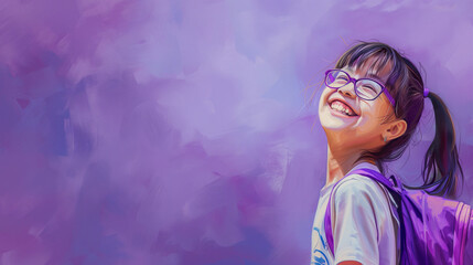 International women's day concept. Happy young girl smiling. School child wearing a backpack. Purple background, IWD 2025, painted illustration, copy space for text