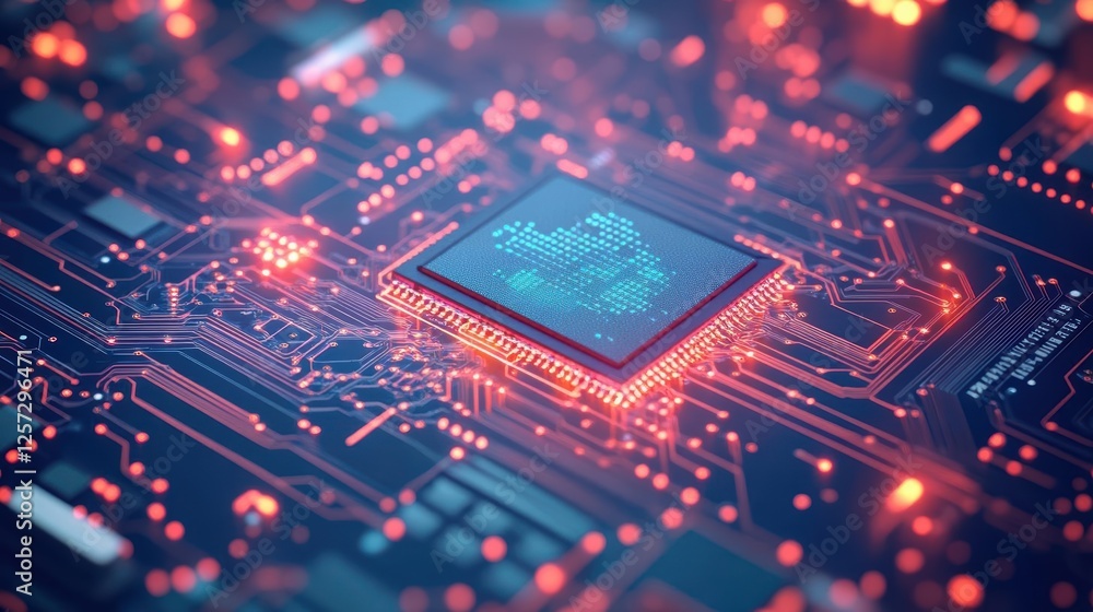 Poster Close-up of a printed circuit board with a microchip mounted on top of it