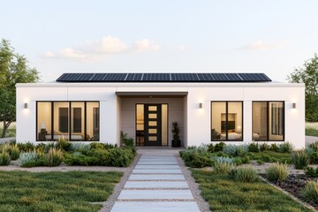 A modern, eco-friendly house featuring solar panels, large windows, and a landscaped pathway, set against a clear sky.