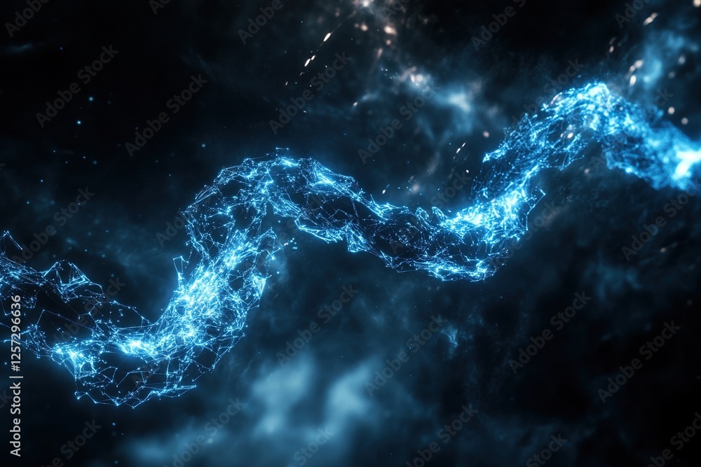 Poster abstract network: glowing blue energy flows dynamically through space, creating a mesmerizing visual