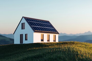 Obraz premium A modern house with solar panels sits atop a grassy hill, surrounded by mountains under a clear sky, symbolizing sustainability and eco-friendliness.