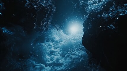 Dramatic Underwater Scene with Glowing Light and Turbulent Water