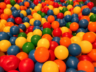Close up of colourful plastic balls a pool at indoor playground 
