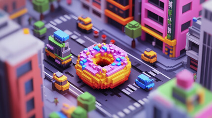 donut in sharp isometric style with hard sharp edge and voxel art style.