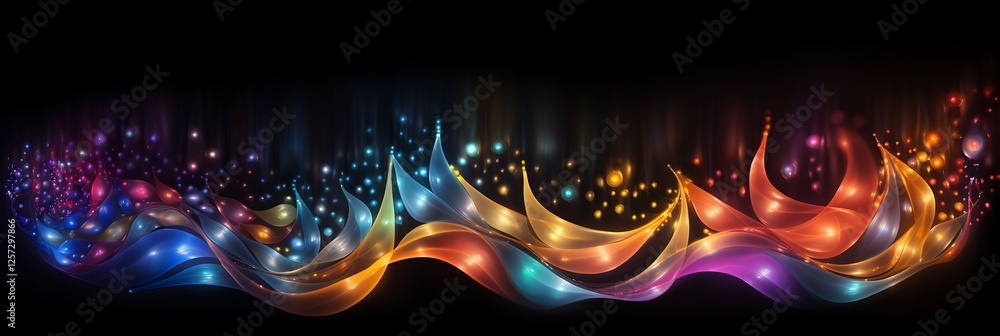 Poster abstract spectrum: vibrant, dynamic, abstract waves of light dance against a deep black backdrop, cr