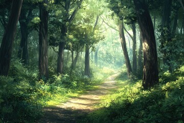 Obraz premium Sunlit Forest Path; Lush Verdant Woods; Inspiring Nature Scene; Ideal for Wallpaper or Background